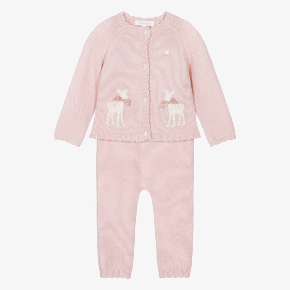 Patachou-Baby Girls Pink Knit Cardigan & Trouser Set | Childrensalon