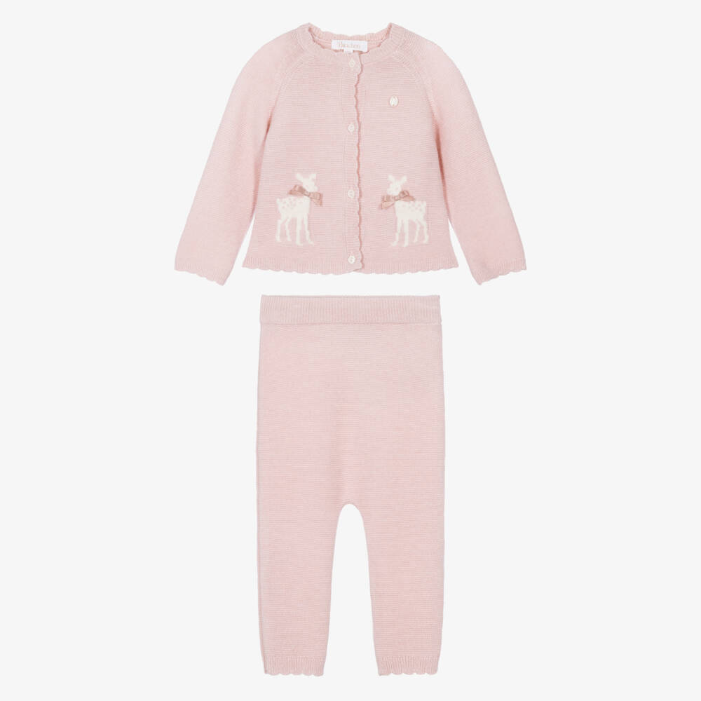 Patachou-Baby Girls Pink Knit Cardigan & Trouser Set | Childrensalon