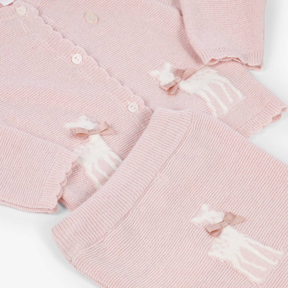 Patachou-Baby Girls Pink Knit Cardigan & Trouser Set | Childrensalon