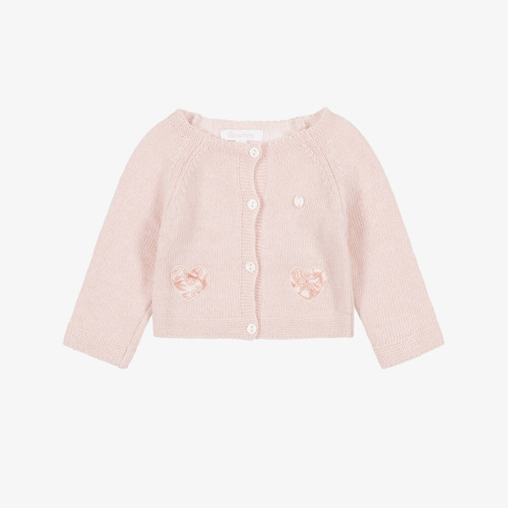 Patachou-Baby Girls Pink Knit Cardigan with Floral Hearts | Childrensalon