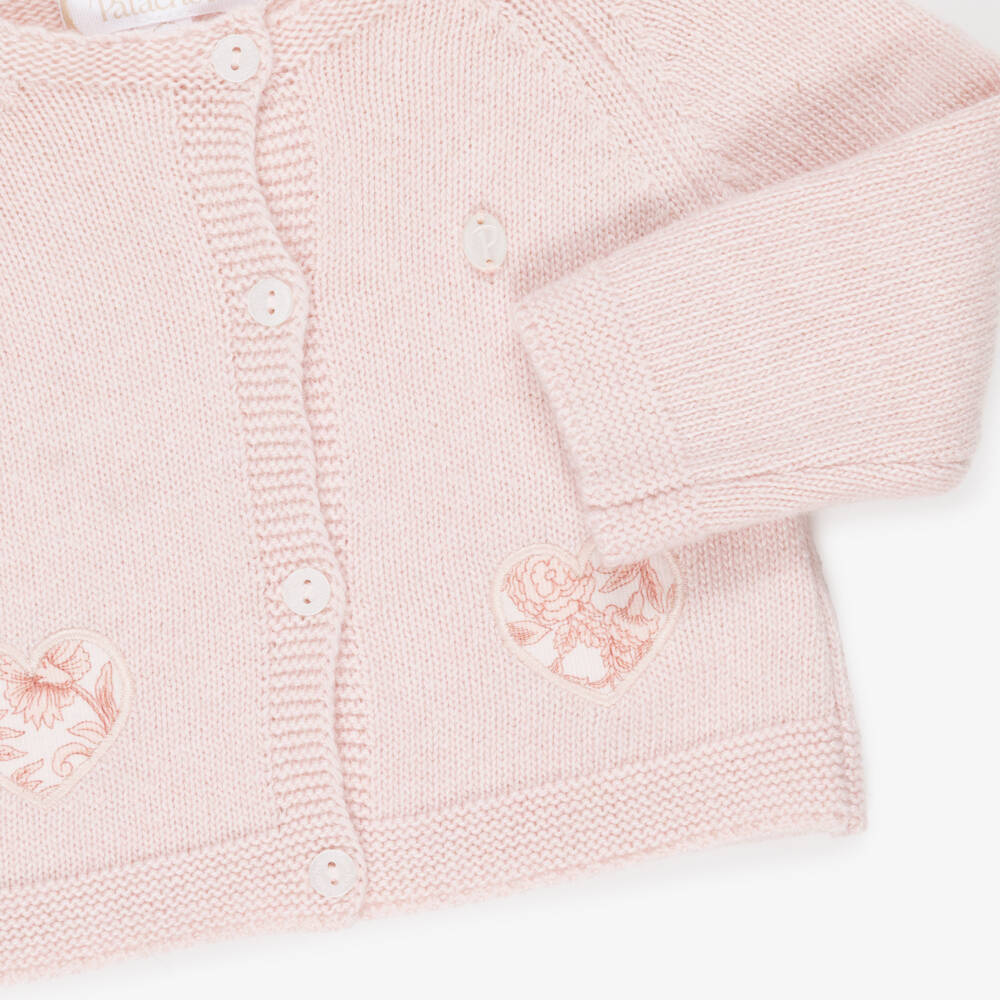 Patachou-Baby Girls Pink Knit Cardigan with Floral Hearts | Childrensalon