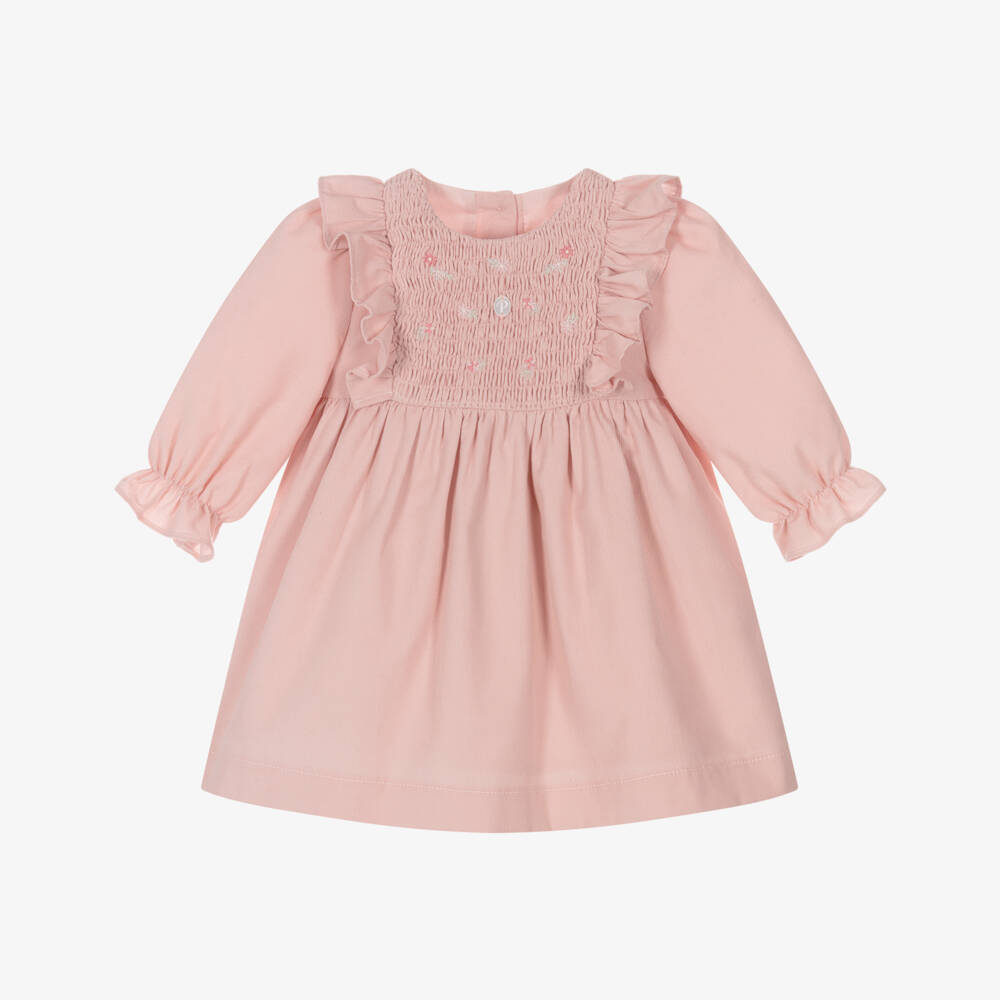 Patachou-Baby Girls Pink Smocked Needlecord Dress | Childrensalon
