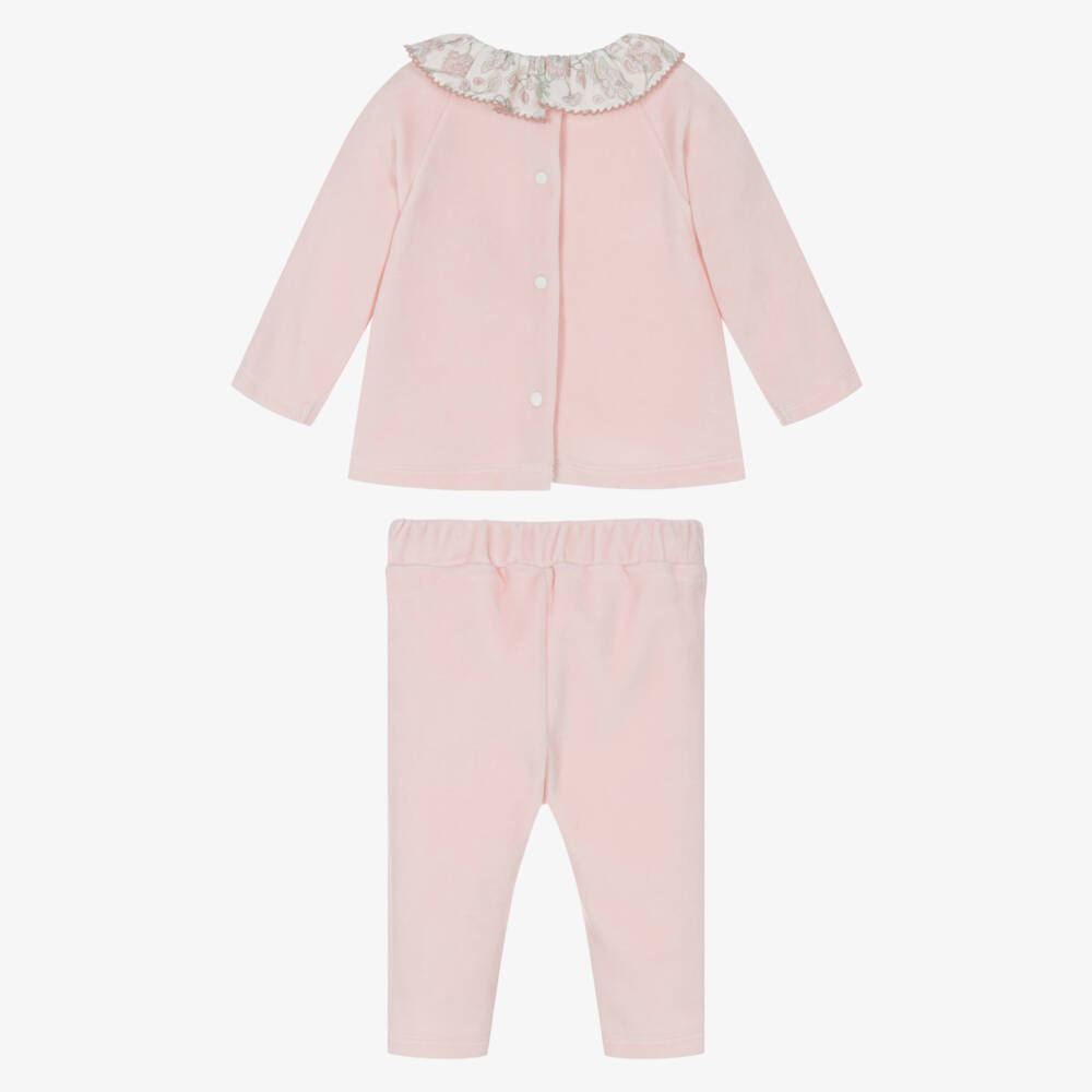 Patachou-Baby Girls Pink Velour Trouser Set with Duck Motif | Childrensalon