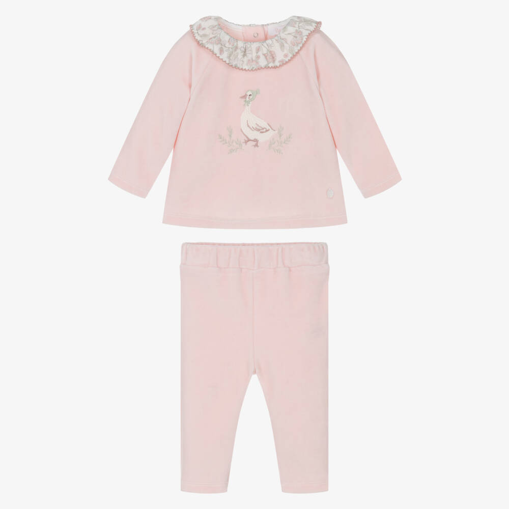 Patachou-Baby Girls Pink Velour Trouser Set with Duck Motif | Childrensalon