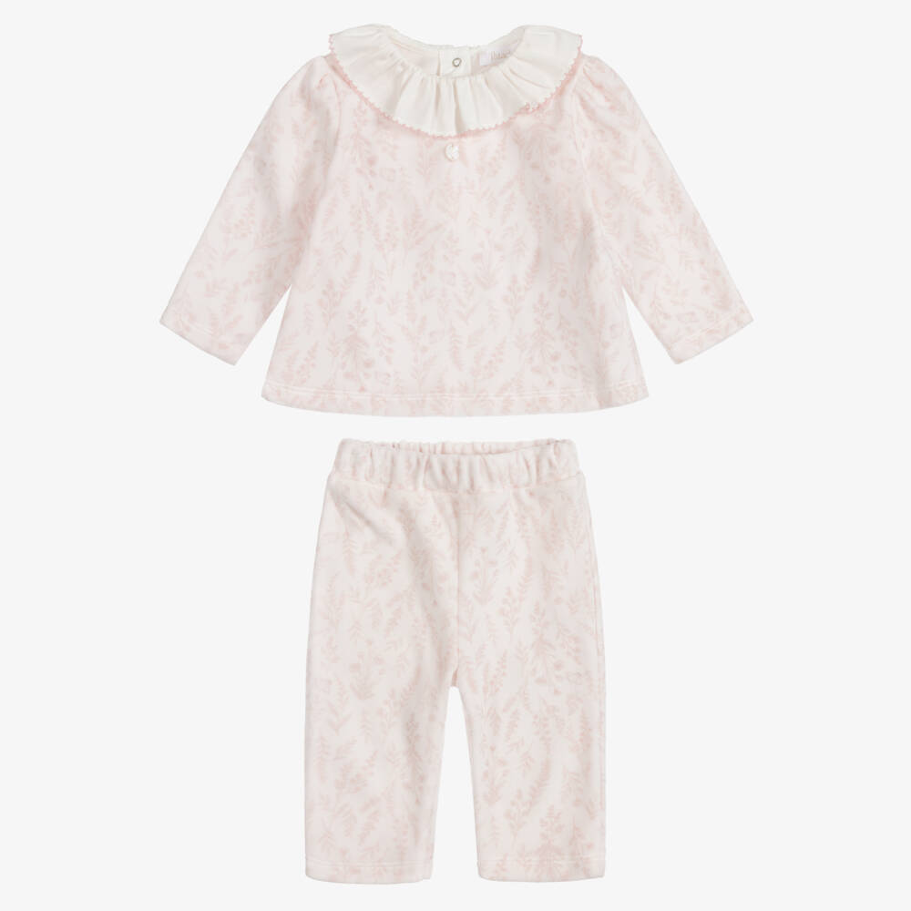 Patachou-Baby Girls Pink Wildflower Print Velour Trouser Set | Childrensalon