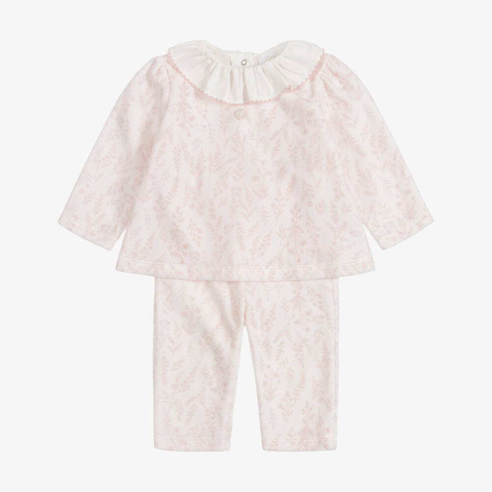 Patachou-Baby Girls Pink Wildflower Print Velour Trouser Set | Childrensalon