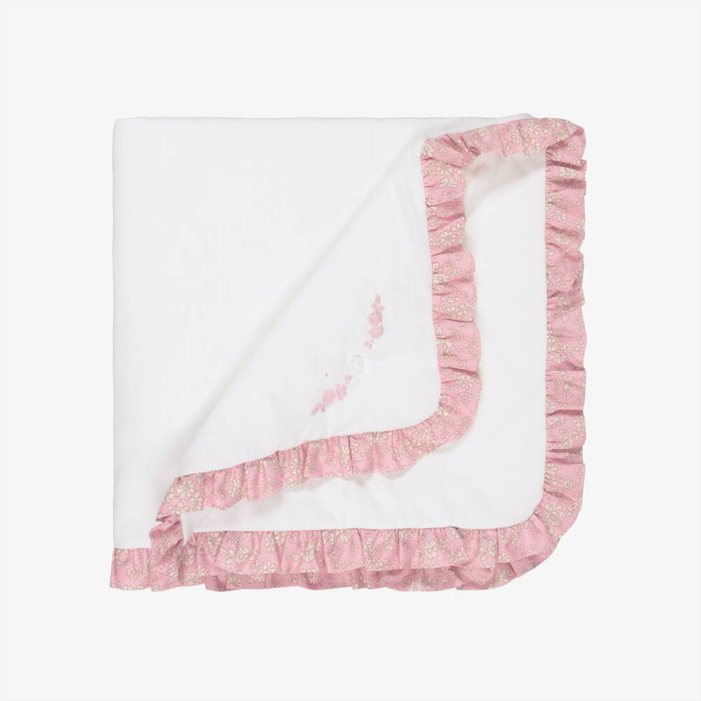 Patachou-Baby Girls White and Pink Liberty Trim Padded Blanket (72cm) | Childrensalon