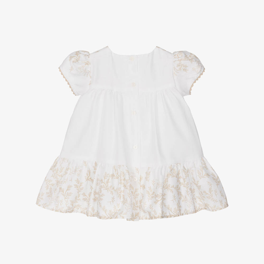 Patachou-Baby Girls White & Beige Print Cotton Dress | Childrensalon