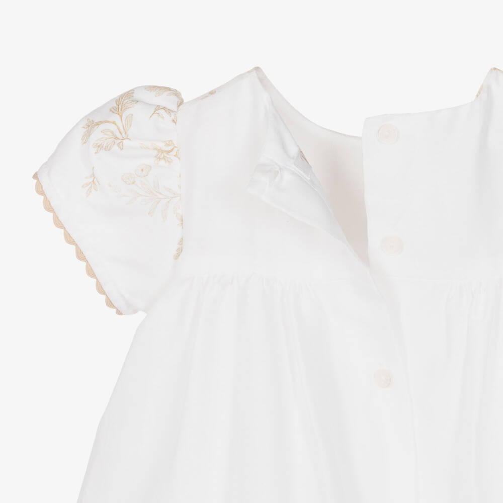 Patachou-Baby Girls White & Beige Print Cotton Dress | Childrensalon