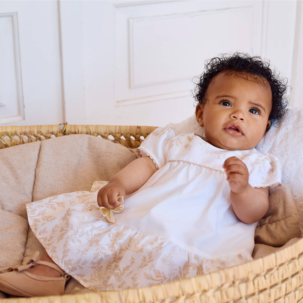 Patachou-Платье бело- бежевое из хлопка для малышек | Childrensalon