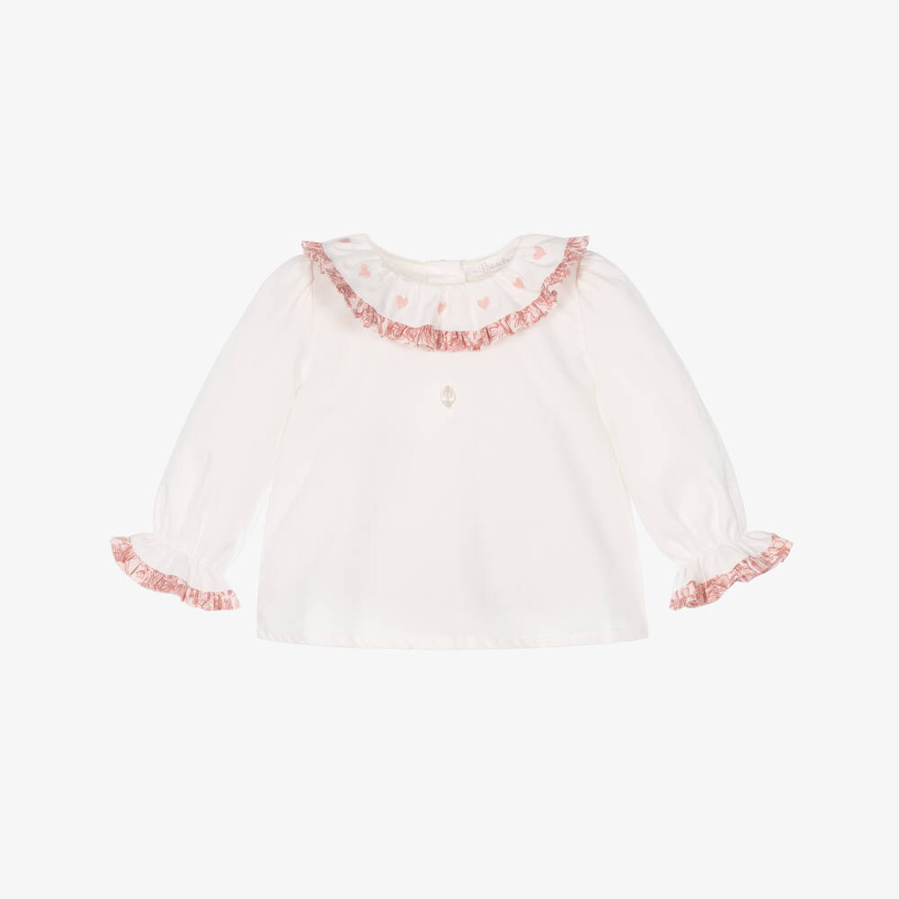 Patachou-Baby Girls White Cotton Blouse with Frilly Trims | Childrensalon