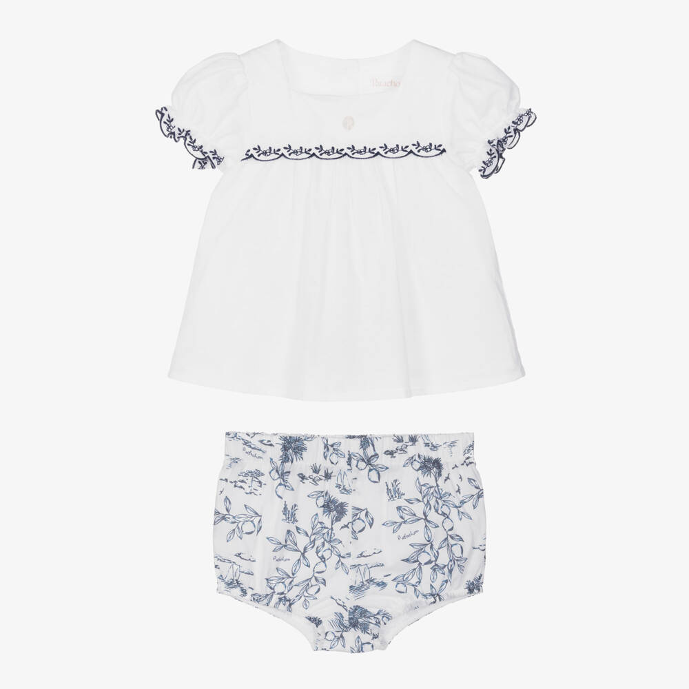 Patachou-Baby Girls White & Navy Blue Floral Cotton Shorts Set | Childrensalon