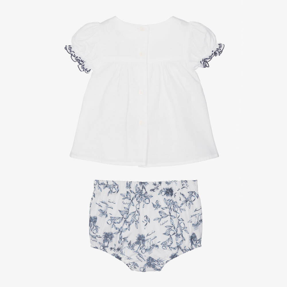 Patachou-Baby Girls White & Navy Blue Floral Cotton Shorts Set | Childrensalon