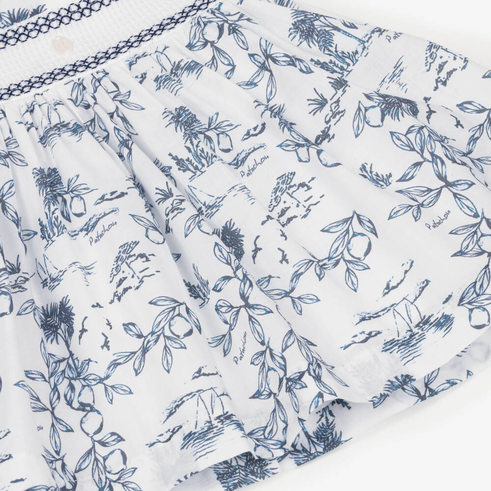 Patachou-Baby Girls White & Navy Blue Print Smocked Dress | Childrensalon