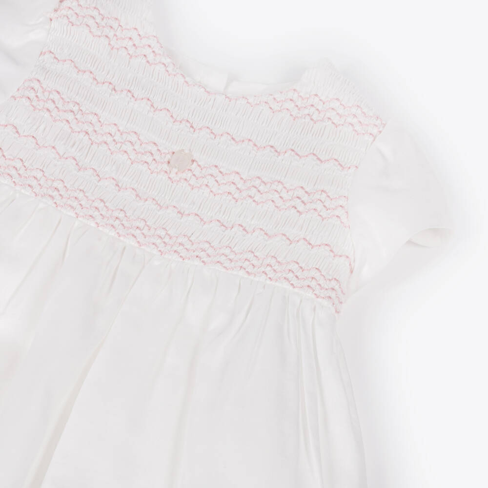 Patachou-Baby Girls White & Pink Smocked Cotton Dress | Childrensalon