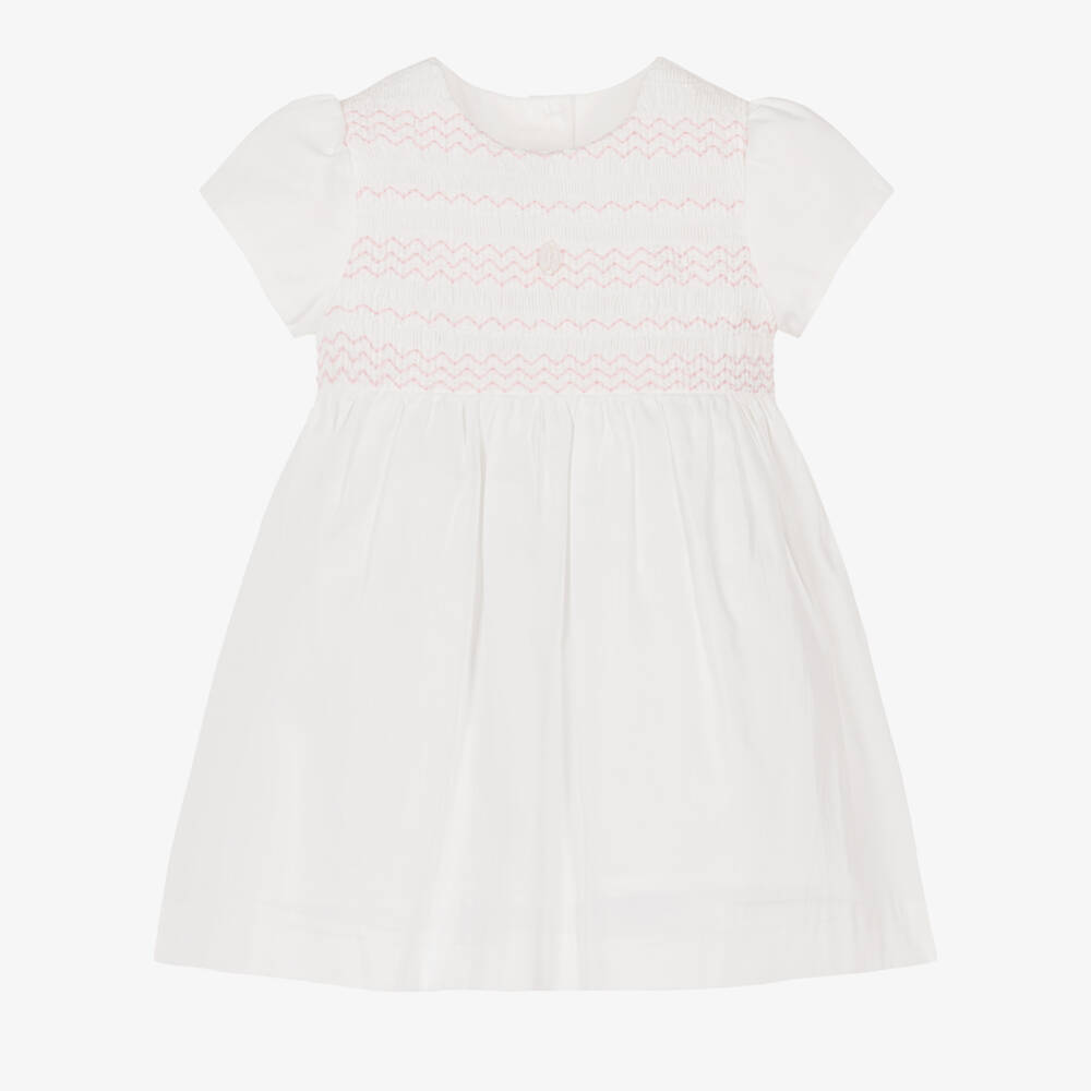 Patachou-Baby Girls White & Pink Smocked Cotton Dress | Childrensalon