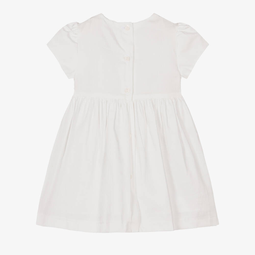Patachou-Baby Girls White & Pink Smocked Cotton Dress | Childrensalon