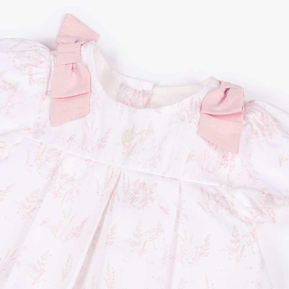 Patachou-Baby Girls White & Pink Toile De Jouy Dress | Childrensalon