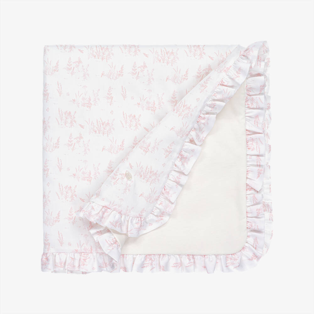 Patachou-Baby Girls White & Pink Toile De Jouy Padded Blanket (72cm) | Childrensalon