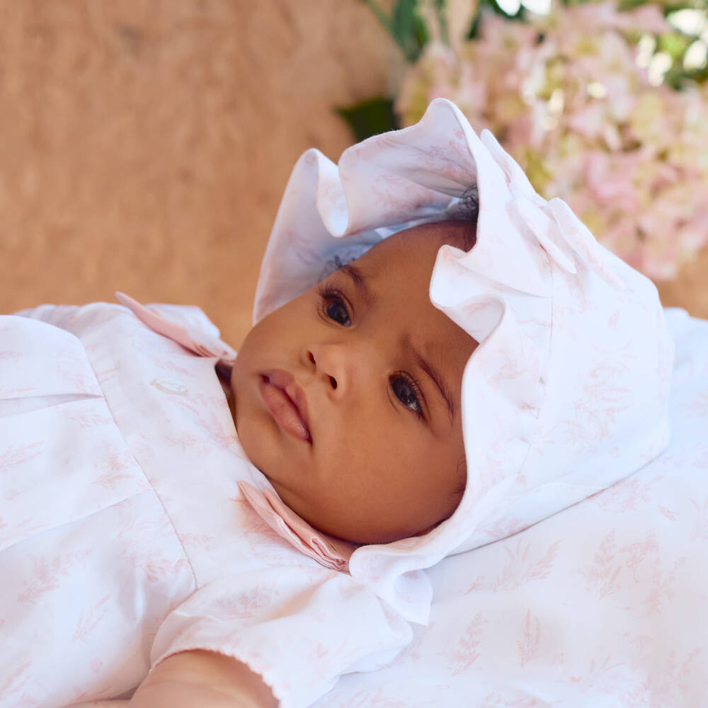 Patachou-Baby Girls White & Pink Toile De Jouy Sun Hat | Childrensalon