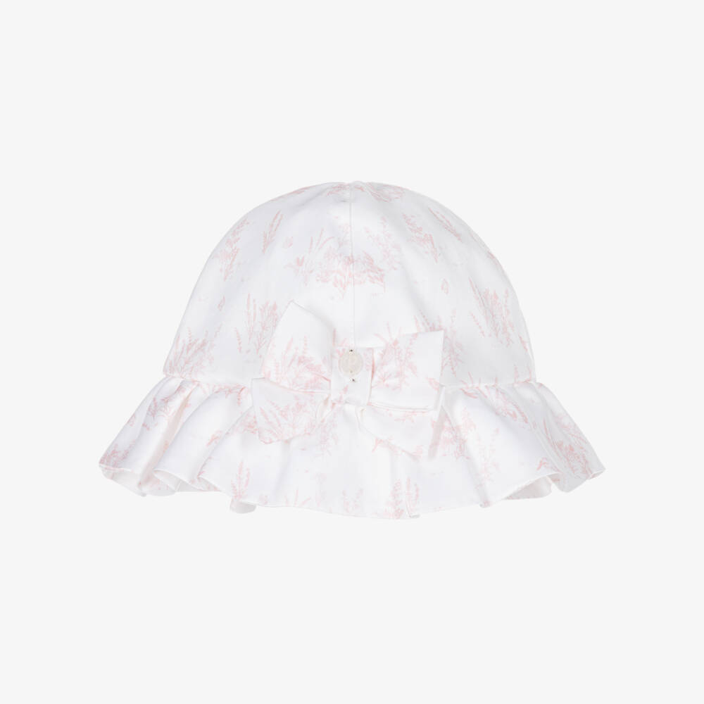 Patachou-Baby Girls White & Pink Toile De Jouy Sun Hat | Childrensalon