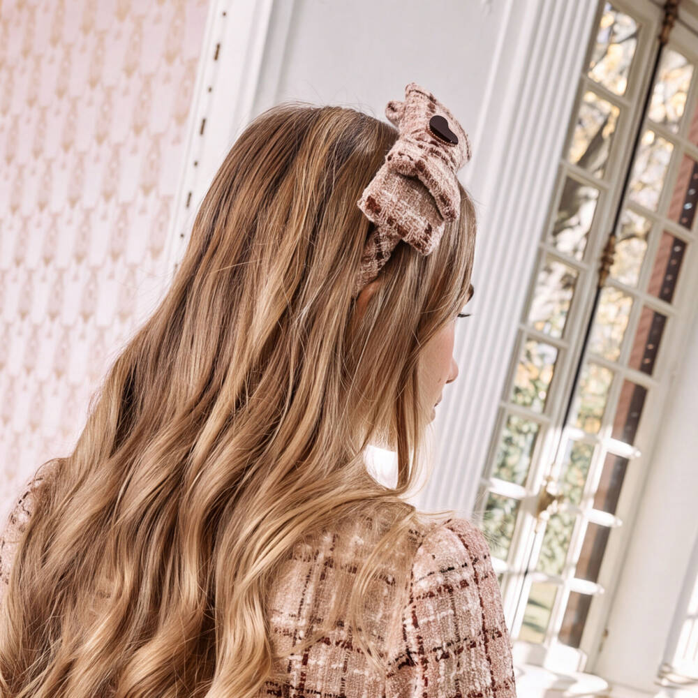 Patachou-Beige & Burgundy Tweed Heart Headband | Childrensalon