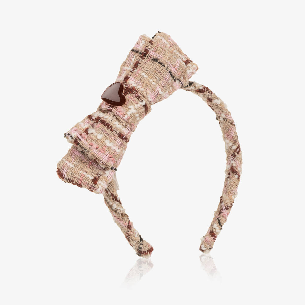 Patachou-Beige & Burgundy Tweed Heart Headband | Childrensalon