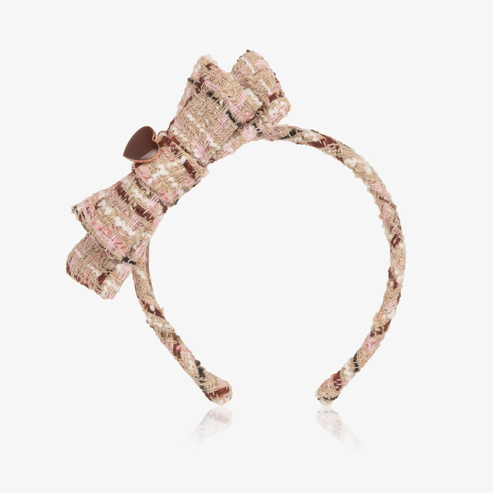 Patachou-Beige & Burgundy Tweed Heart Headband | Childrensalon
