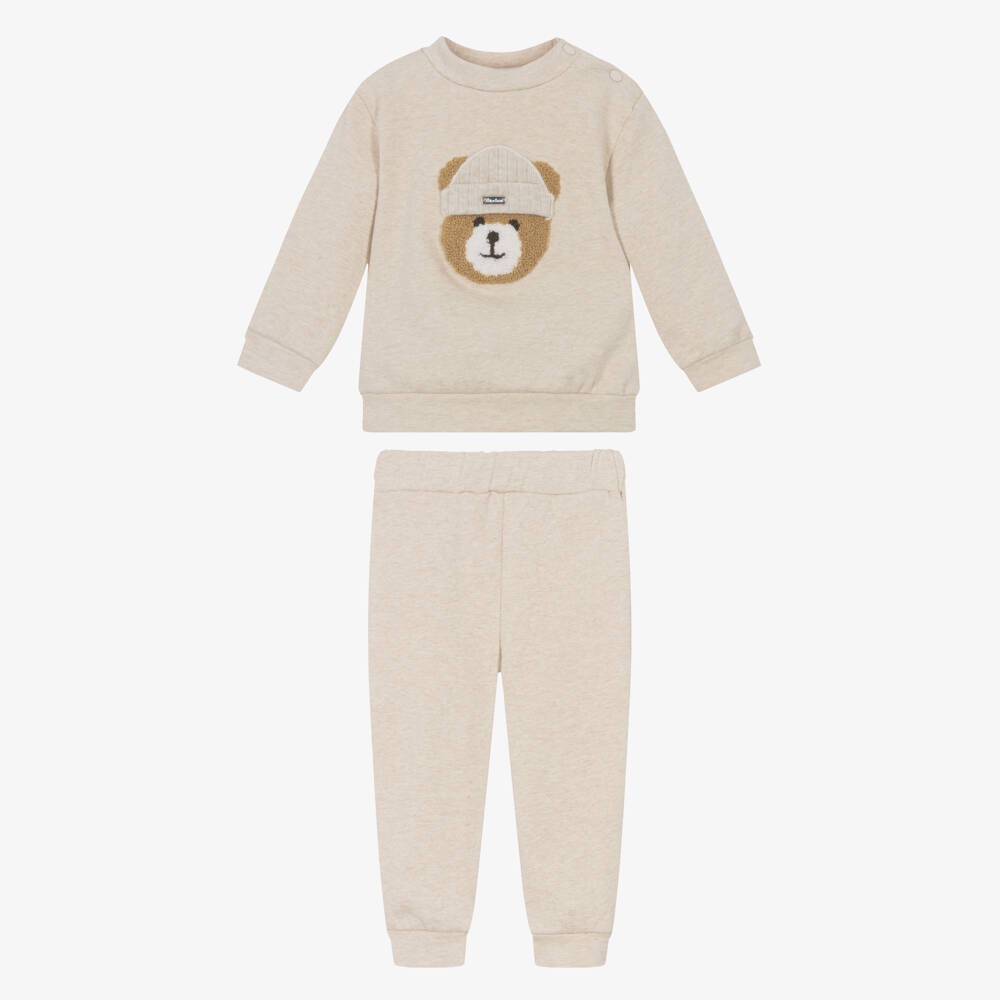Patachou-Beige Marl Cotton Jersey Teddy Tracksuit | Childrensalon