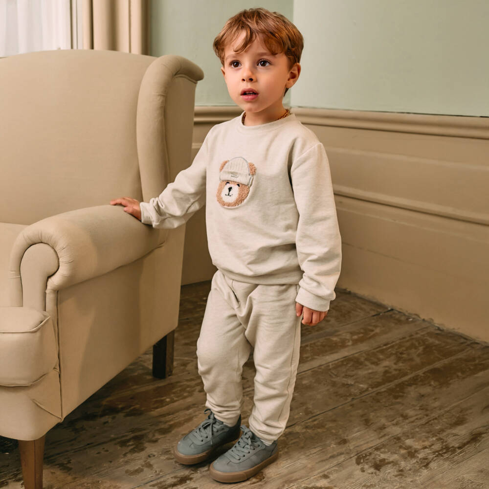 Patachou-Beige Marl Cotton Jersey Teddy Tracksuit | Childrensalon