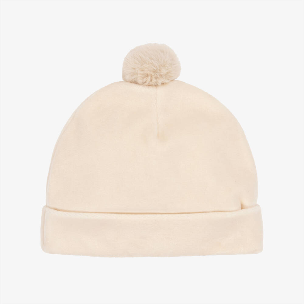 Patachou-Beige Velour Baby Hat with Faux Fur Pom-Pom | Childrensalon