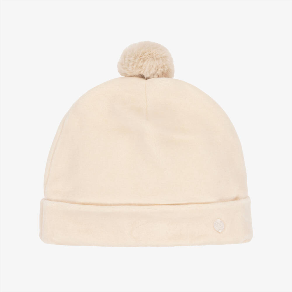 Patachou-Beige Velour Baby Hat with Faux Fur Pom-Pom | Childrensalon