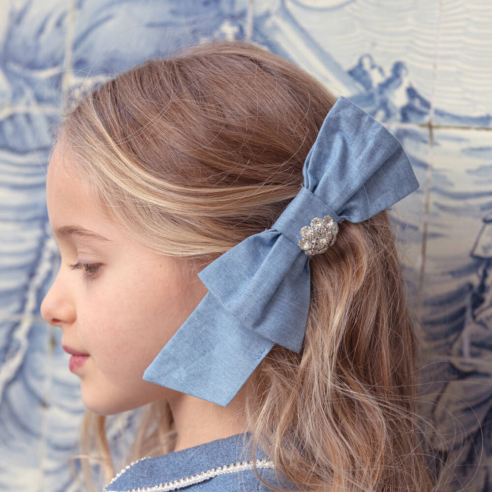 Patachou-Blue Cotton Chambray Bow Hair Clip (14cm) | Childrensalon