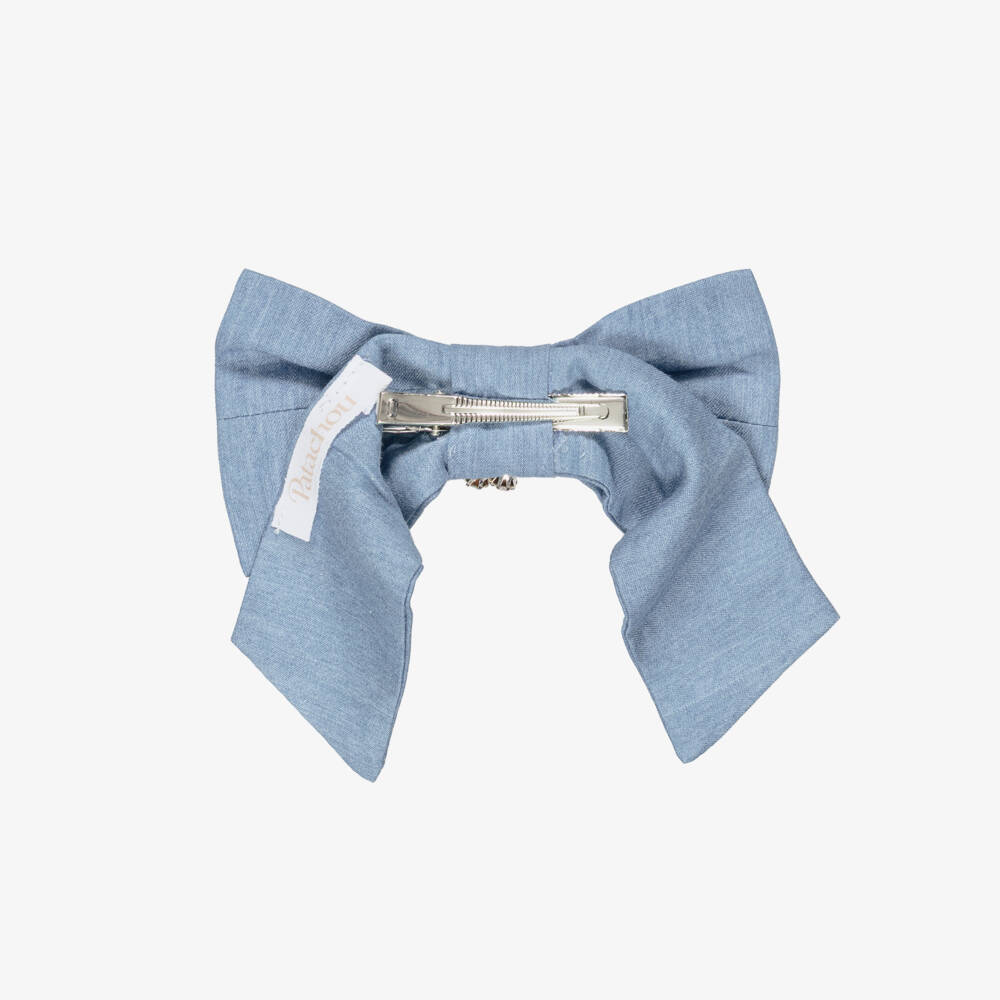 Patachou-Blue Cotton Chambray Bow Hair Clip (14cm) | Childrensalon
