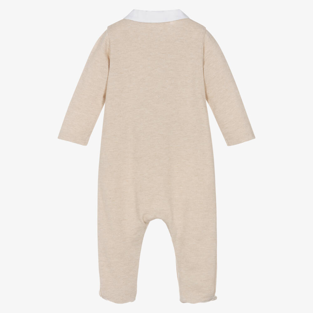 Patachou-Boys Beige Cotton Piqué Babygrow with Embroidered Collar | Childrensalon