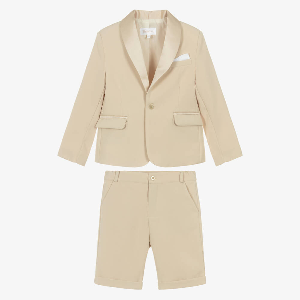 Patachou-Boys Beige Crêpe & Satin Shorts Suit | Childrensalon