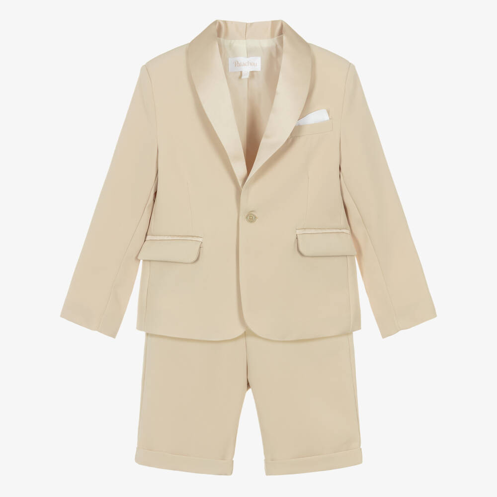 Patachou-Boys Beige Crêpe & Satin Shorts Suit | Childrensalon