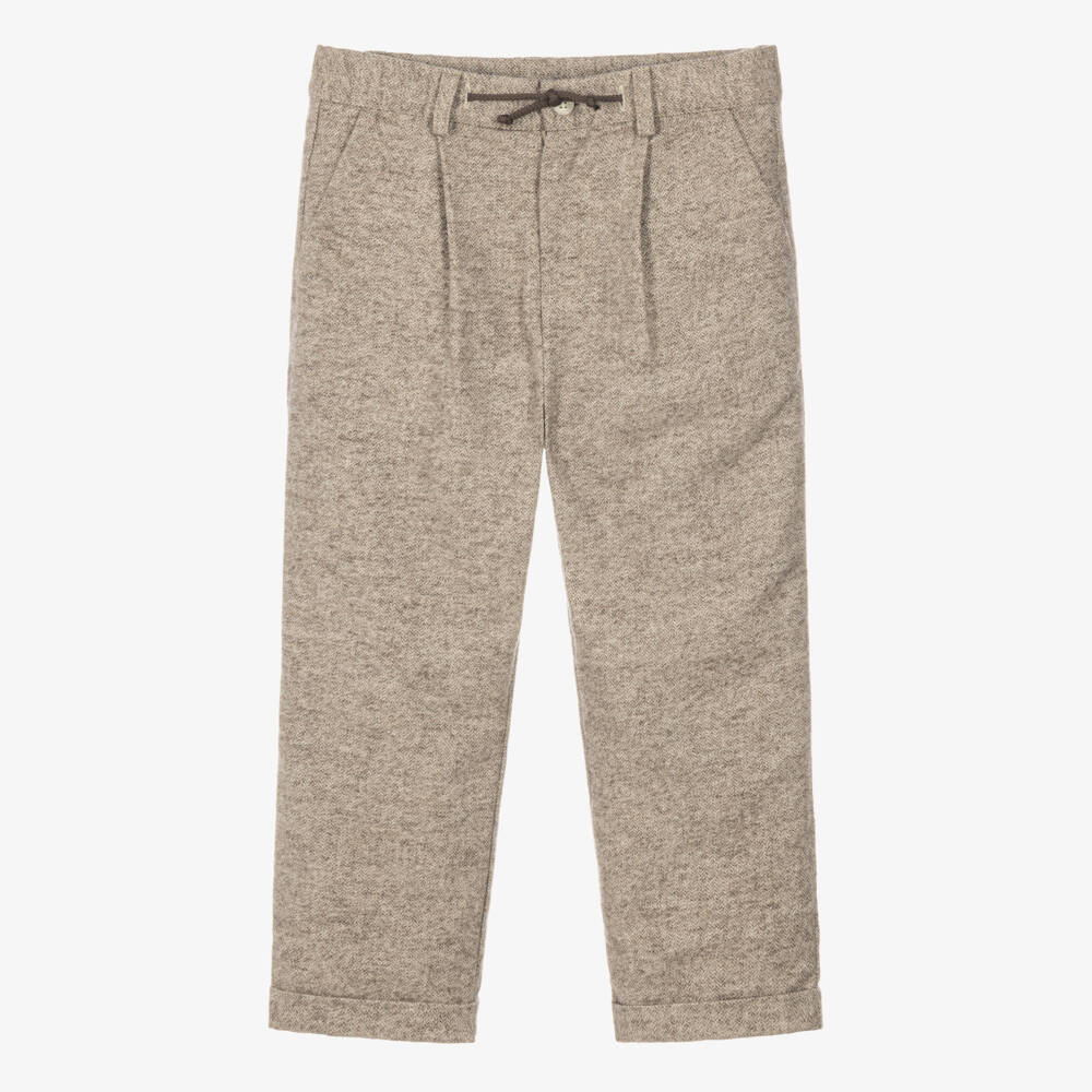 Patachou-Boys Beige Herringbone Cotton Trousers | Childrensalon