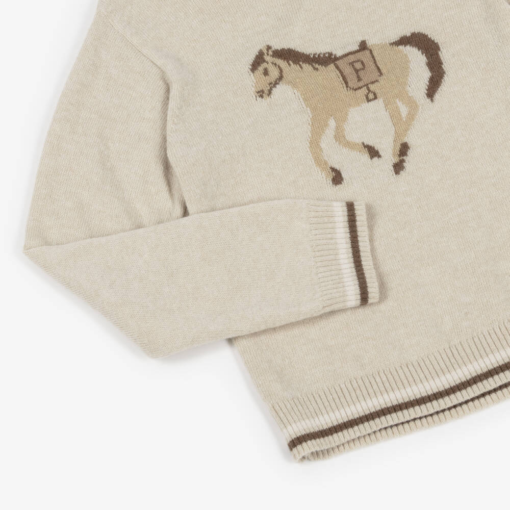 Patachou-Boys Beige Horse Knitted Jumper | Childrensalon