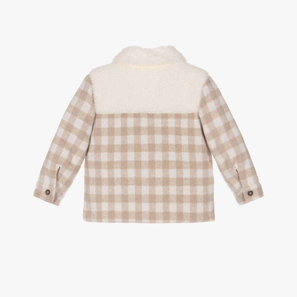Patachou-Boys Beige & Ivory Check Wool Jacket with Teddy Fleece Trim | Childrensalon