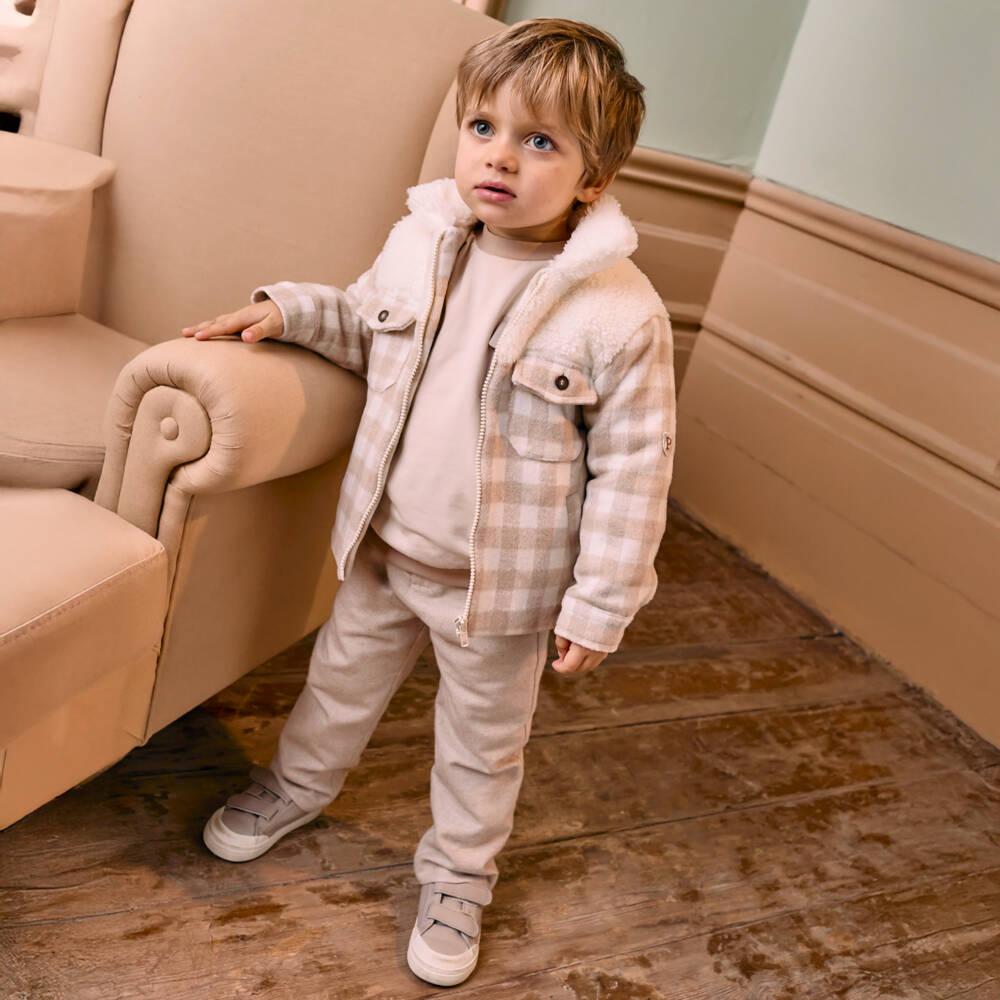 Patachou-Boys Beige & Ivory Check Wool Jacket with Teddy Fleece Trim | Childrensalon