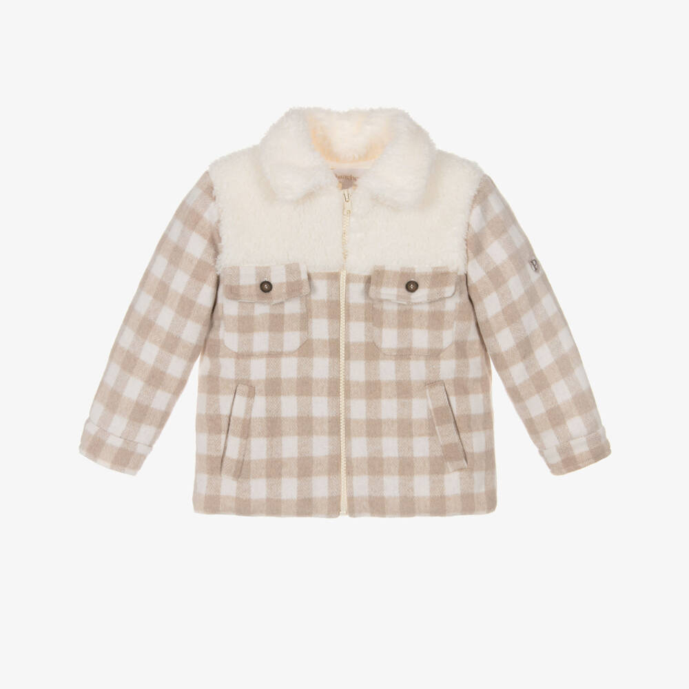 Patachou-Boys Beige & Ivory Check Wool Jacket with Teddy Fleece Trim | Childrensalon