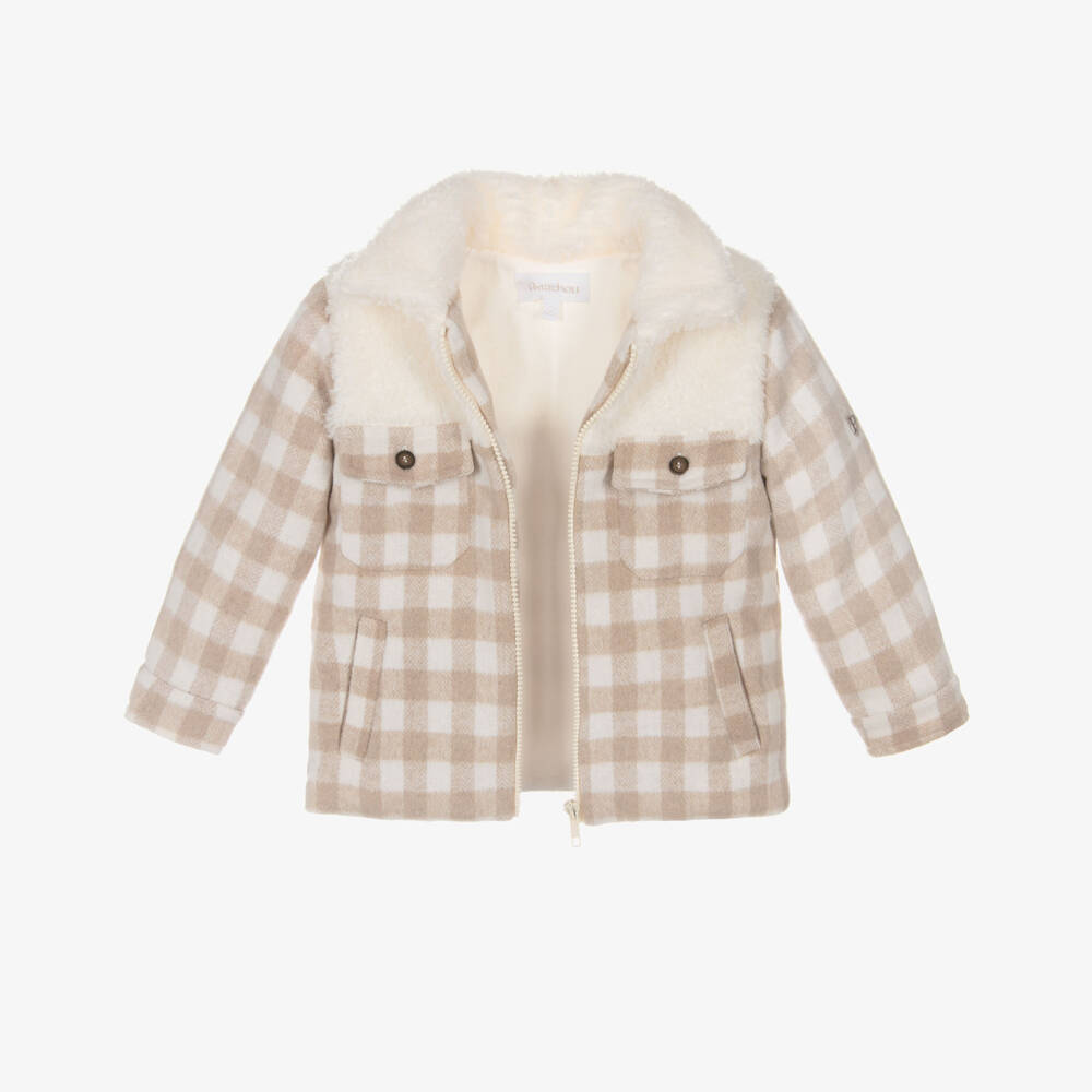 Patachou-Boys Beige & Ivory Check Wool Jacket with Teddy Fleece Trim | Childrensalon