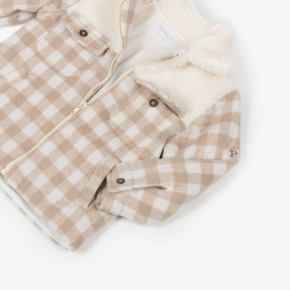 Patachou-Boys Beige & Ivory Check Wool Jacket with Teddy Fleece Trim | Childrensalon