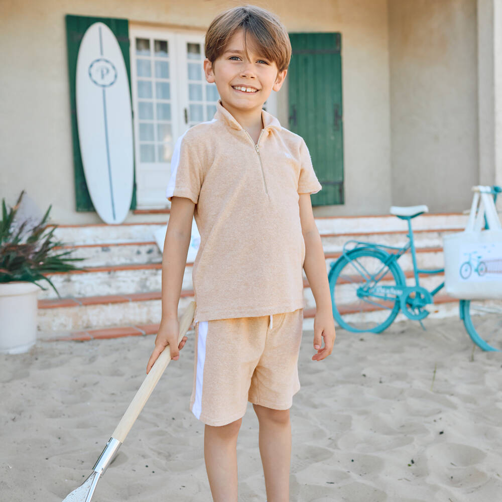 Patachou-Boys Beige Towelling Shorts Set | Childrensalon