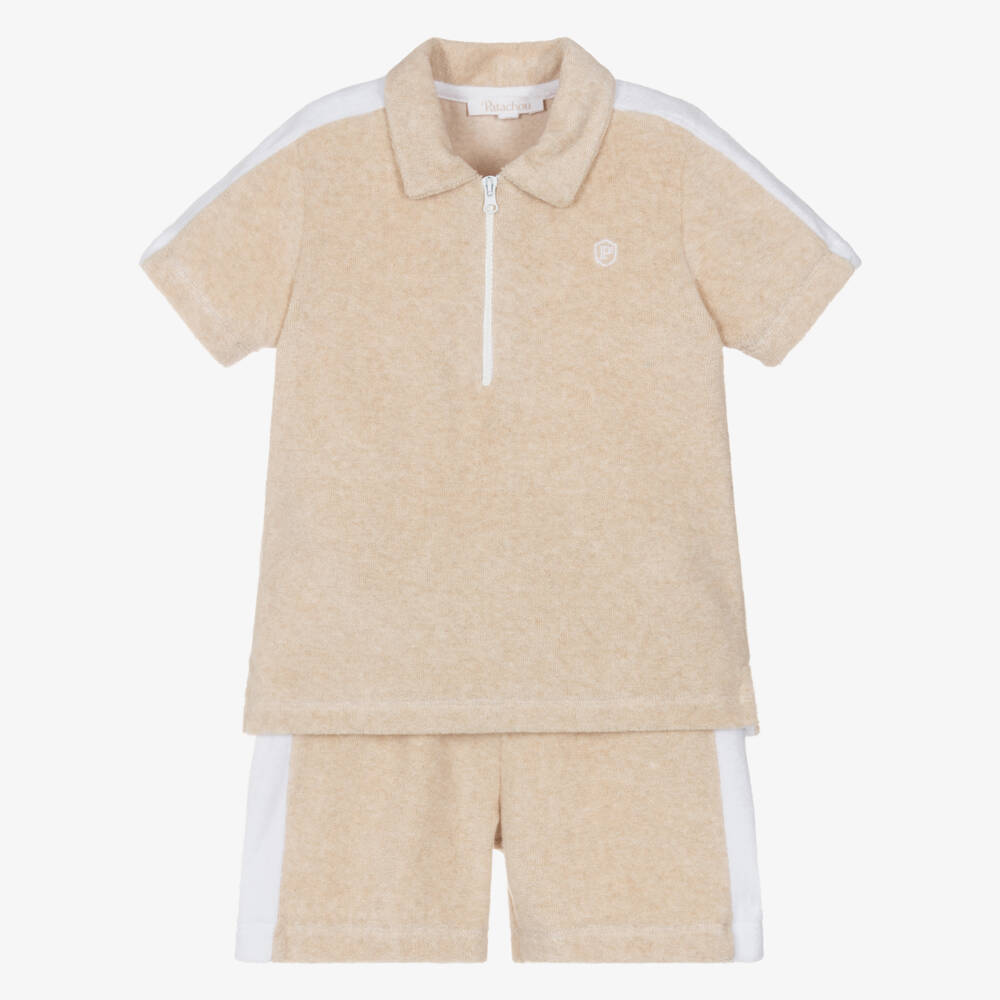 Patachou-Boys Beige Towelling Shorts Set | Childrensalon