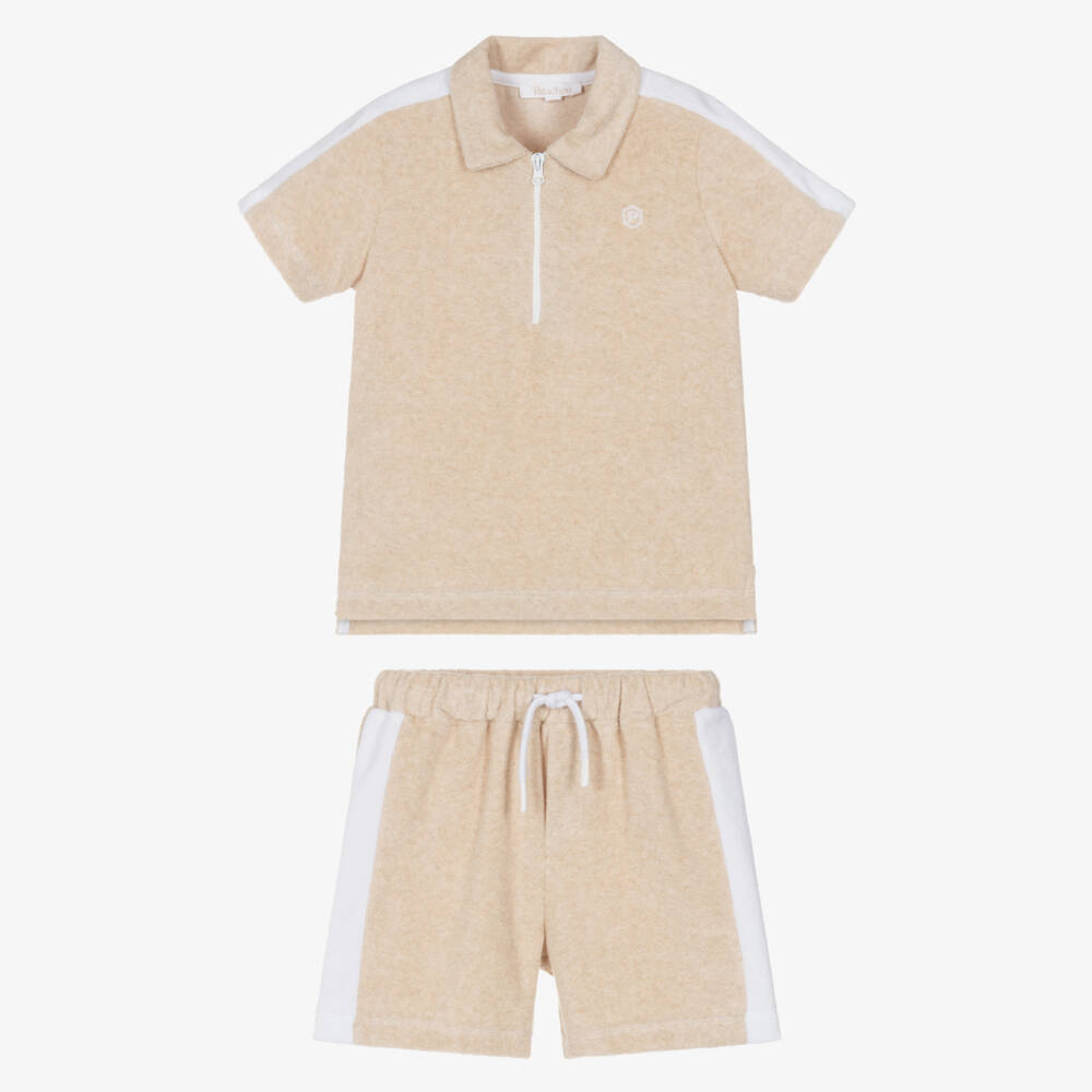Patachou-Boys Beige Towelling Shorts Set | Childrensalon