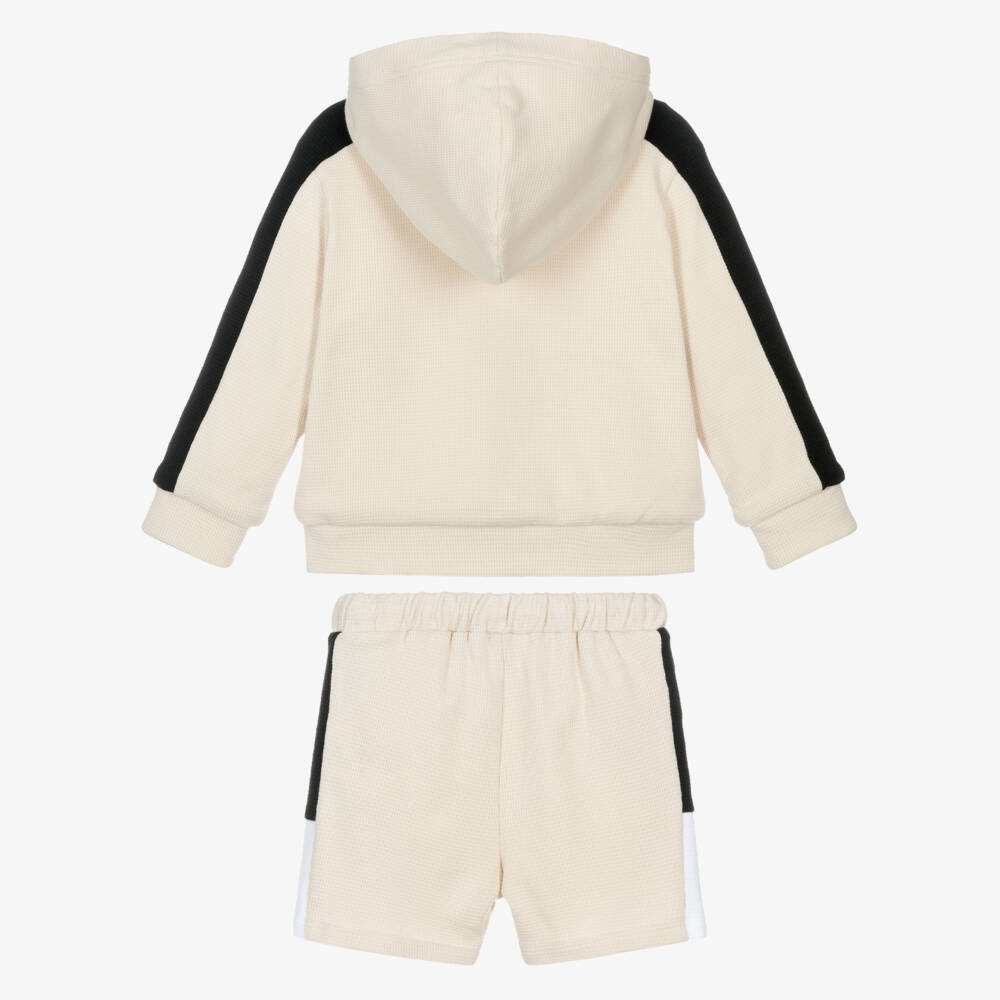Patachou-Boys Beige Waffle Cotton Jersey Hoodie Shorts Set | Childrensalon