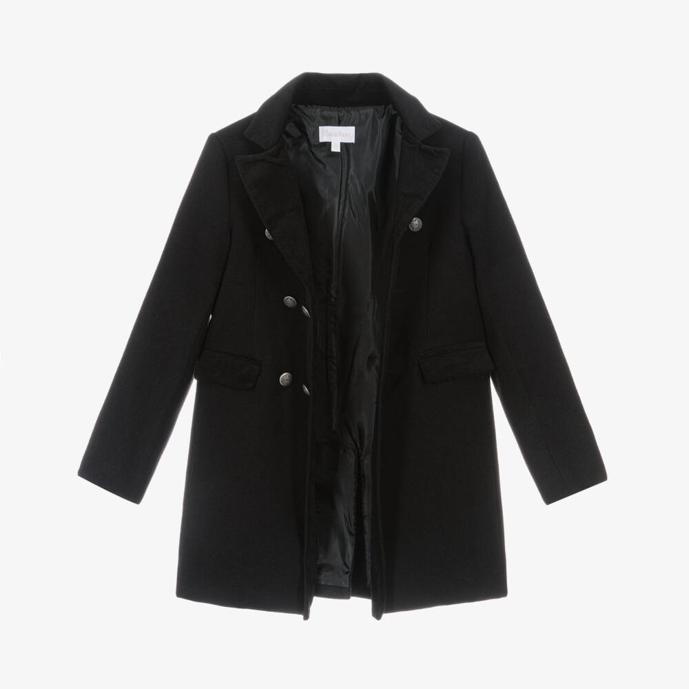 Patachou-Boys Black Felted Double Breasted Coat with Velvet Trim | Childrensalon