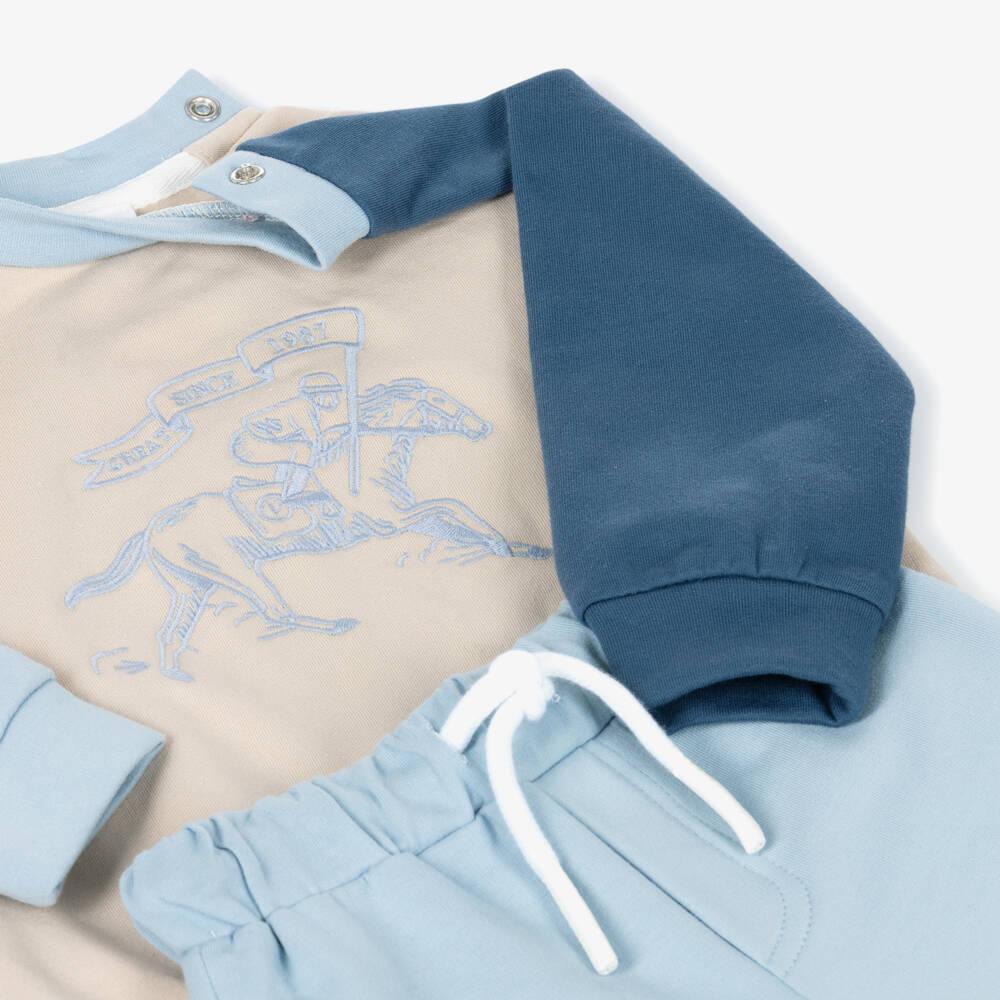 Patachou-Boys Blue & Beige Tracksuit with Racehorse Embroidery | Childrensalon
